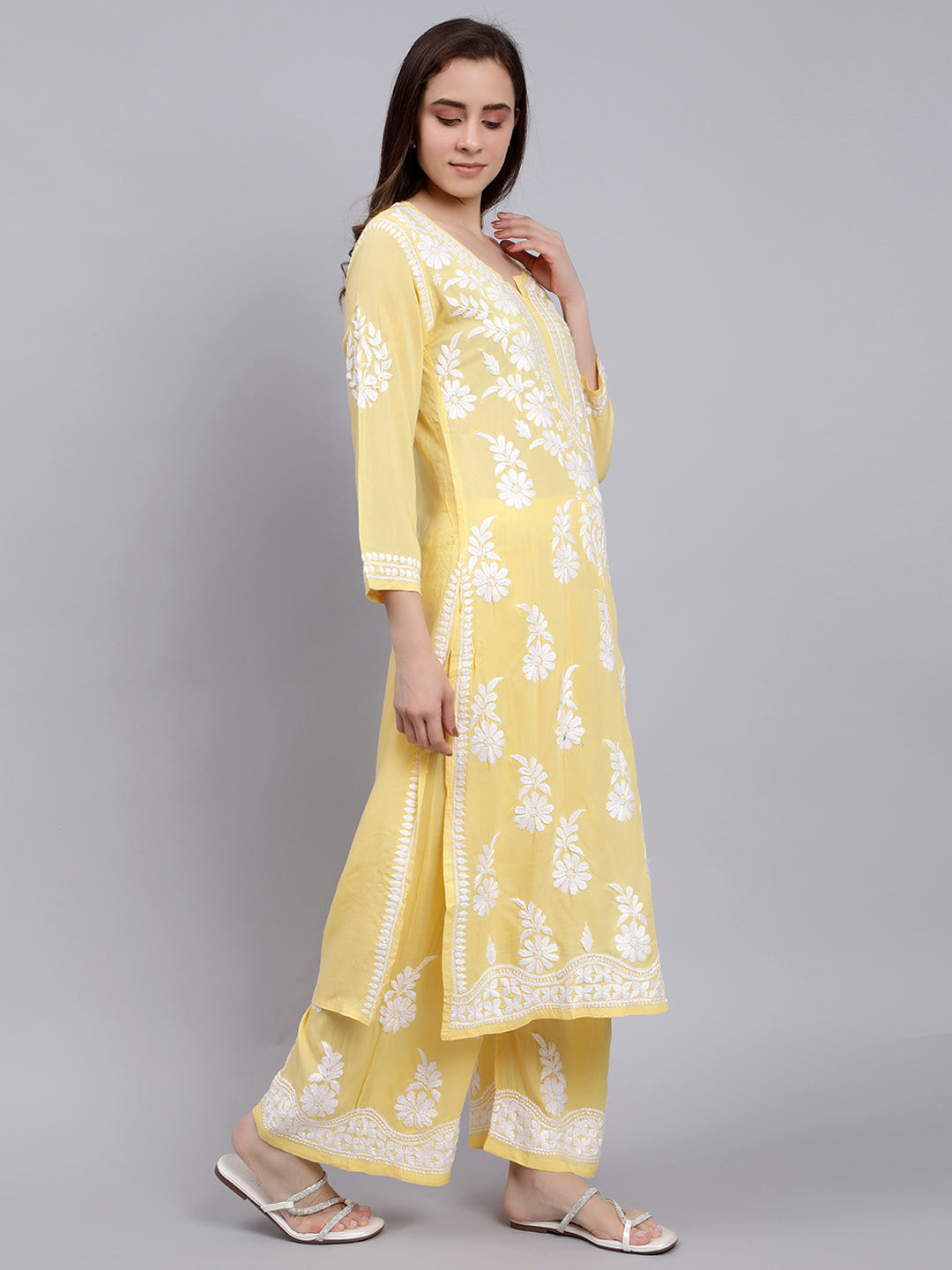 Yellow Cotton Lucknowi Chikankari Kurta With Palazzo Set