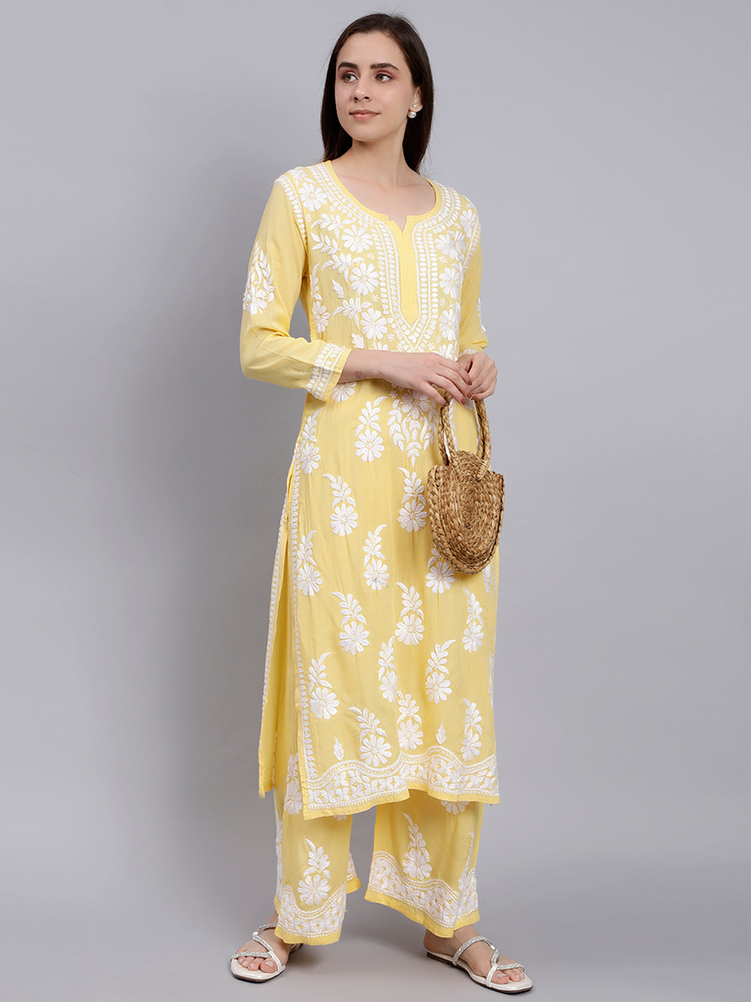 Yellow Cotton Lucknowi Chikankari Kurta With Palazzo Set