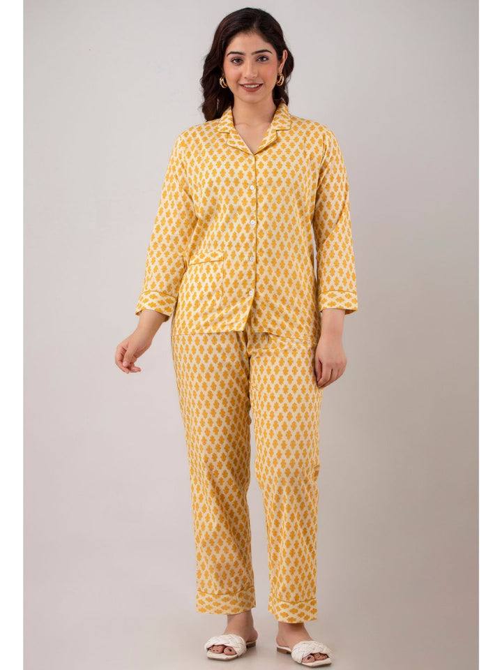 Yellow Cotton Night Suit with Front Pocket