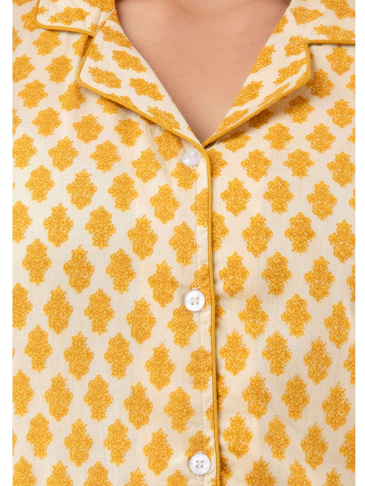Yellow Cotton Night Suit with Front Pocket