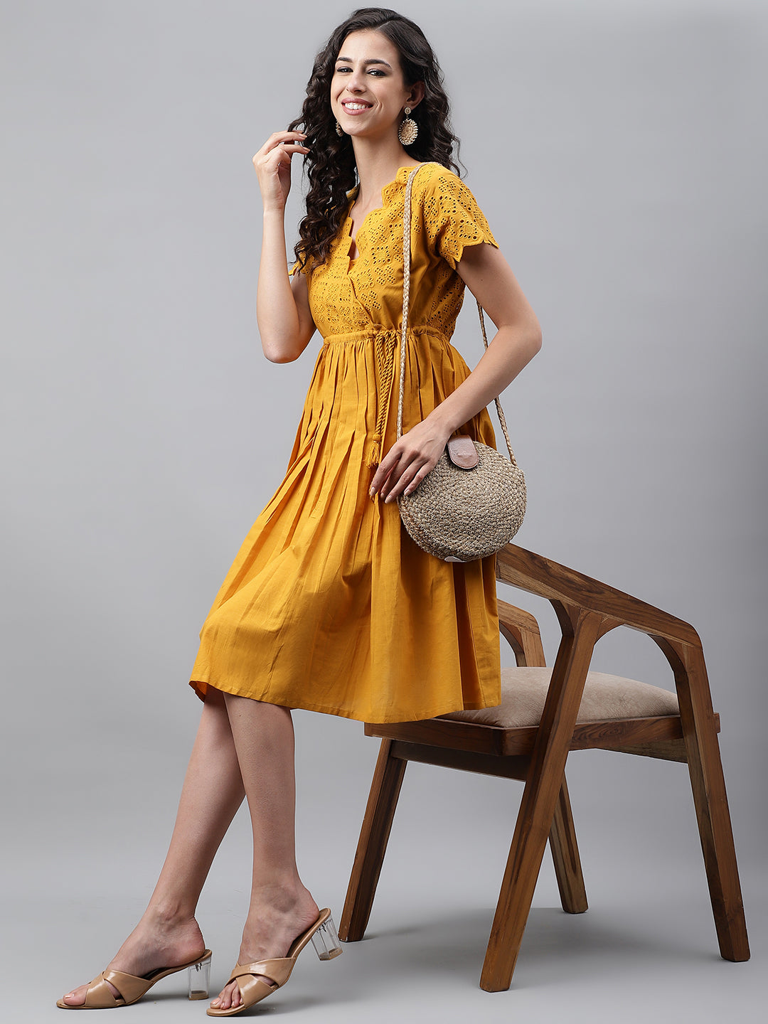 Yellow Cotton Schiffli Casual Flared Dress