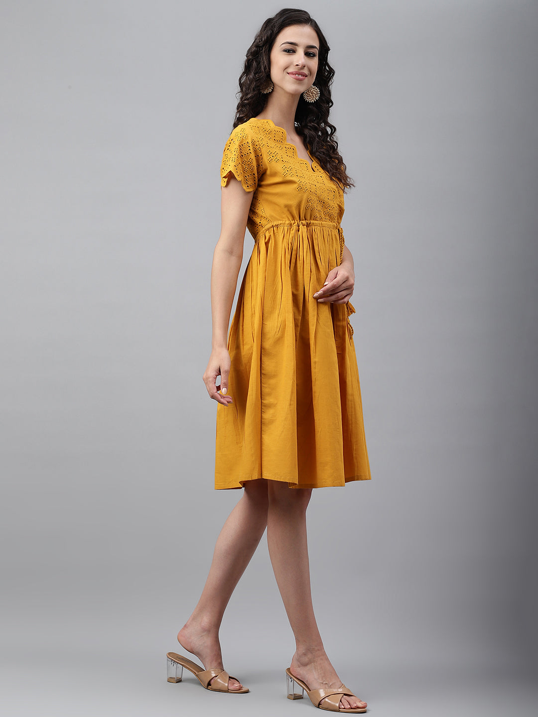 Yellow Cotton Schiffli Casual Flared Dress