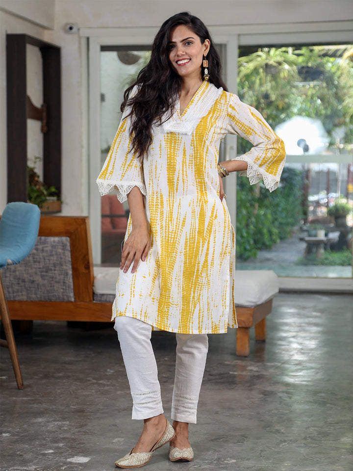 Yellow Cotton Shibori Straight Kurta & Pants