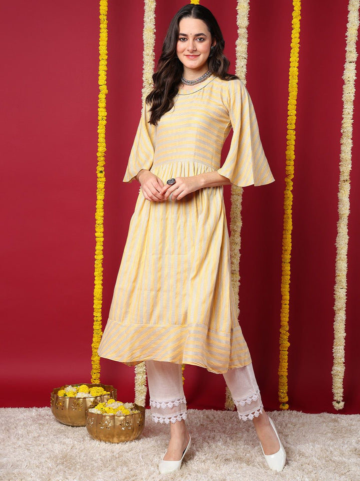 Yellow Cotton Striped Printed A-Line Kurta