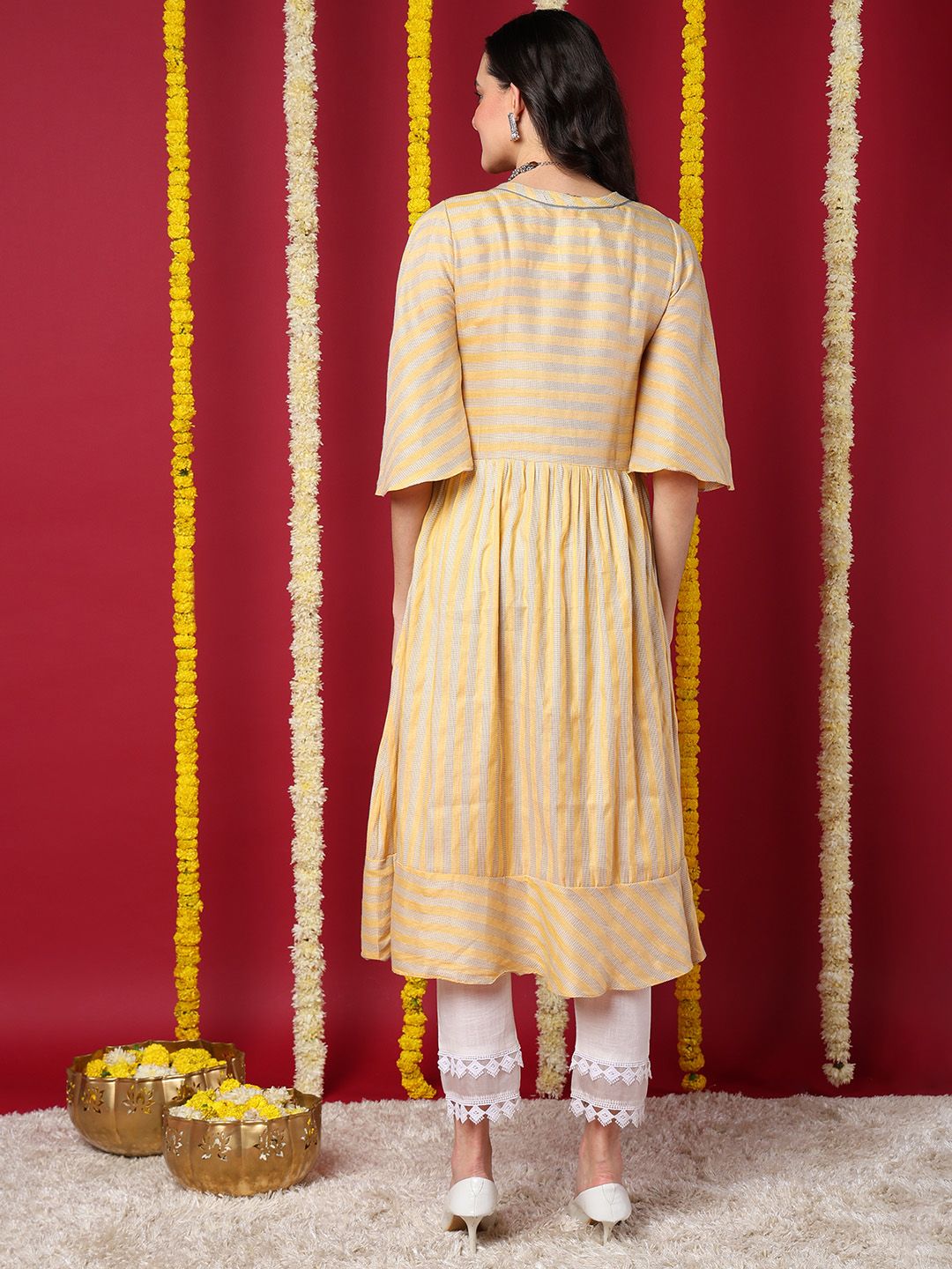 Yellow Cotton Striped Printed A-Line Kurta