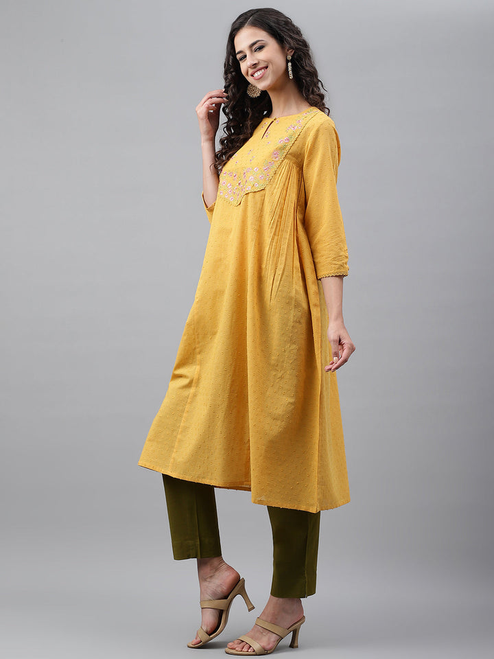Yellow Dobby Cotton Solid Casual A-Line Kurta