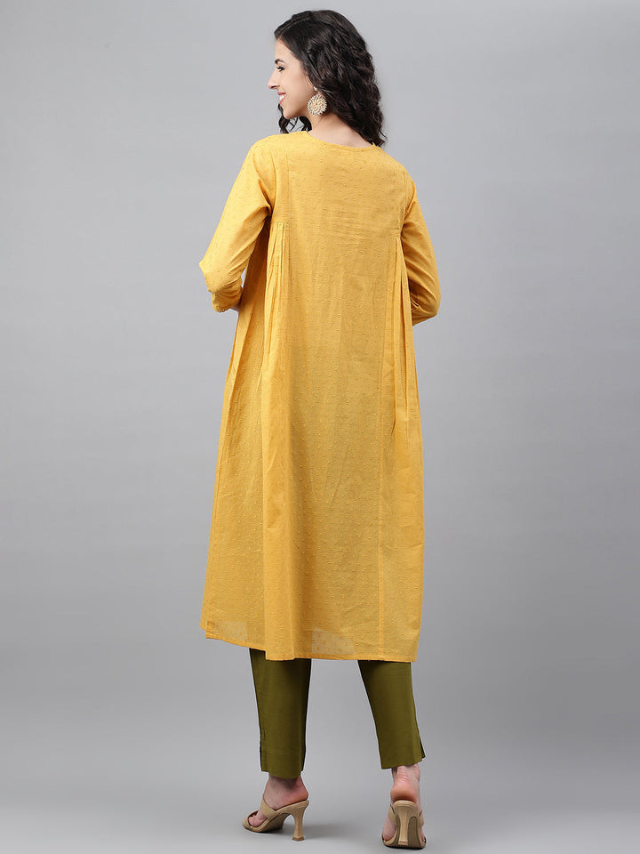 Yellow Dobby Cotton Solid Casual A-Line Kurta