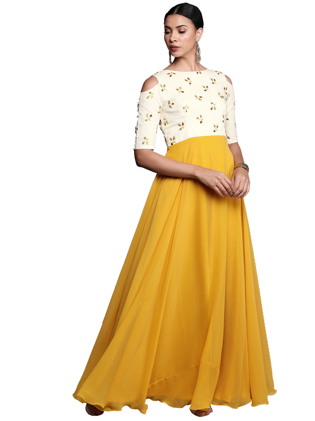 Yellow-Embroidered-Boat-Neckline-Gown