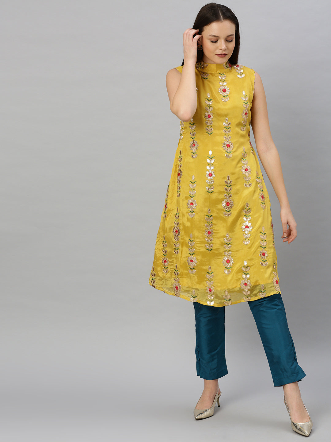 Yellow-Embroidered-Fabric-Kurta-Pant-Set