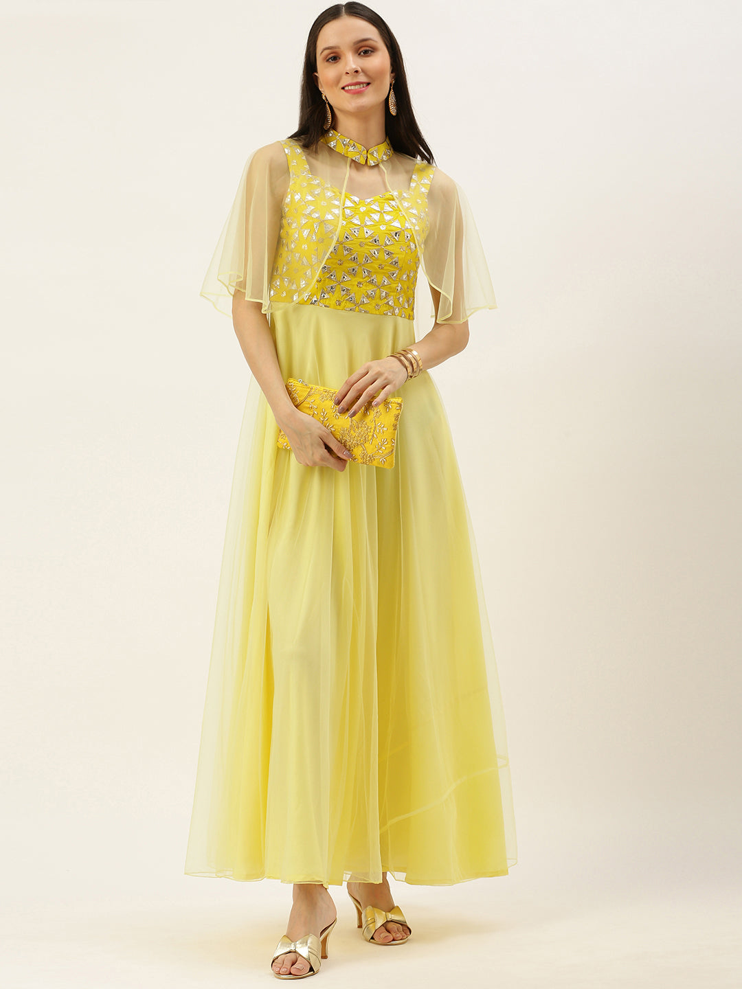 Yellow-Embroidered-Gown-With-Cape