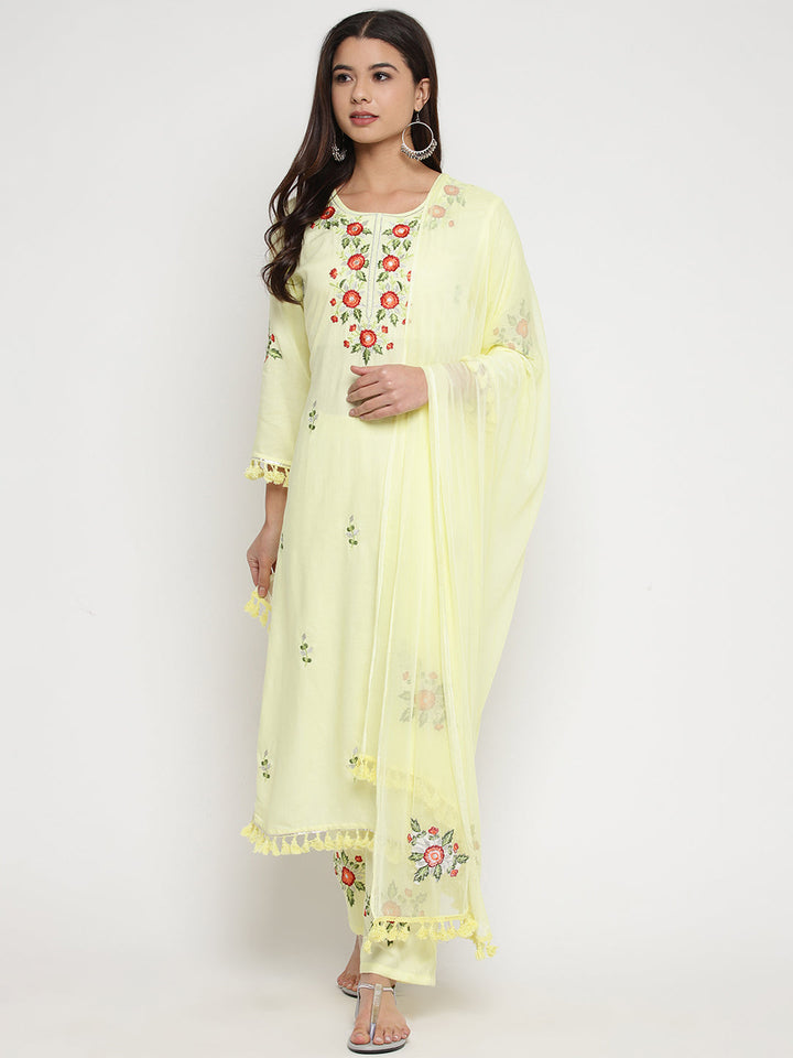 Yellow Embroidert Kurta With Trousers Dupatta