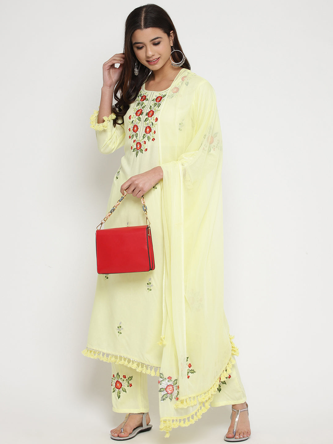 Yellow Embroidert Kurta With Trousers Dupatta