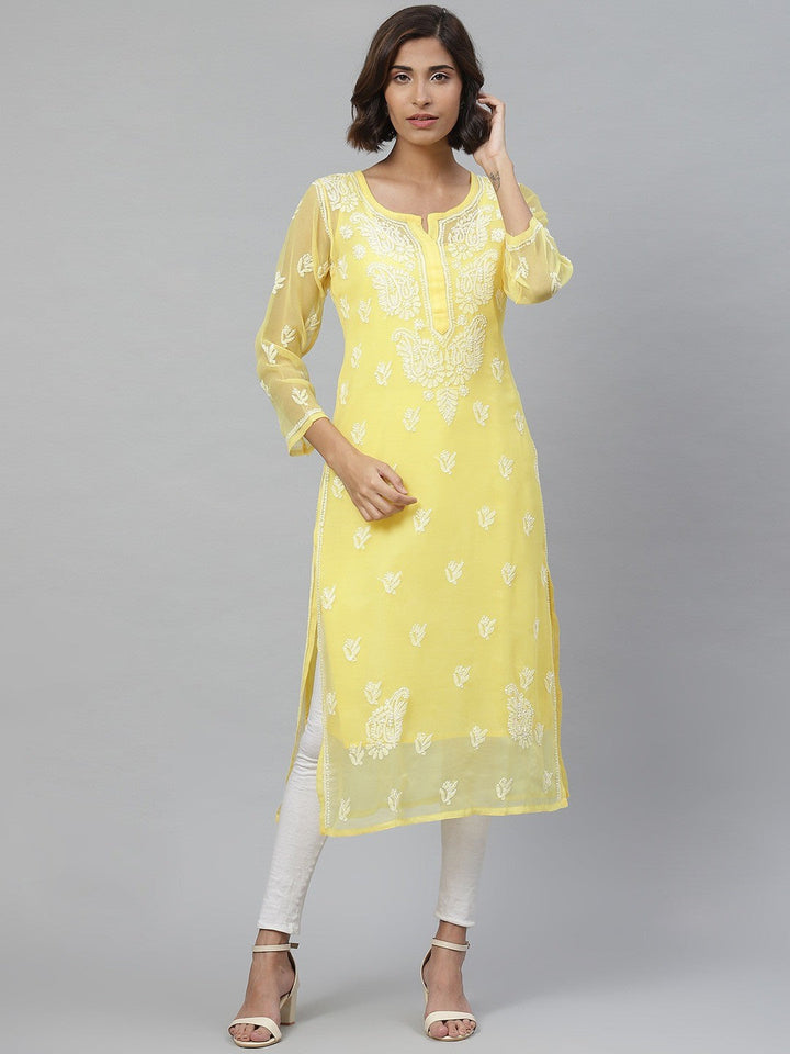 Yellow Faux Georgette Chikan Straight Kurta