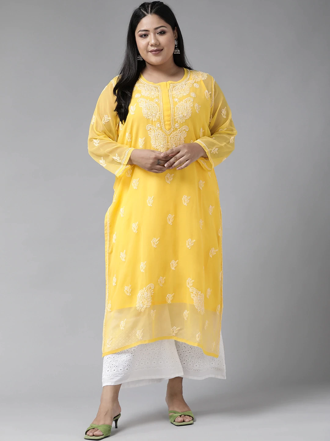 Yellow Faux Georgette Chikan Straight Kurta