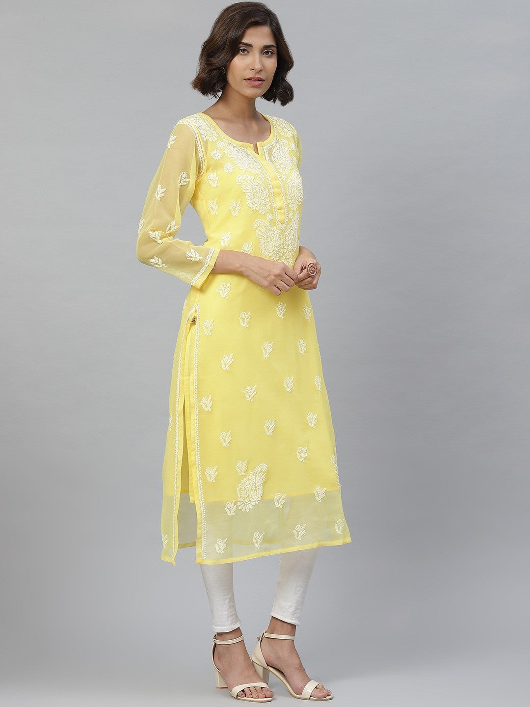 Yellow Faux Georgette Chikan Straight Kurta