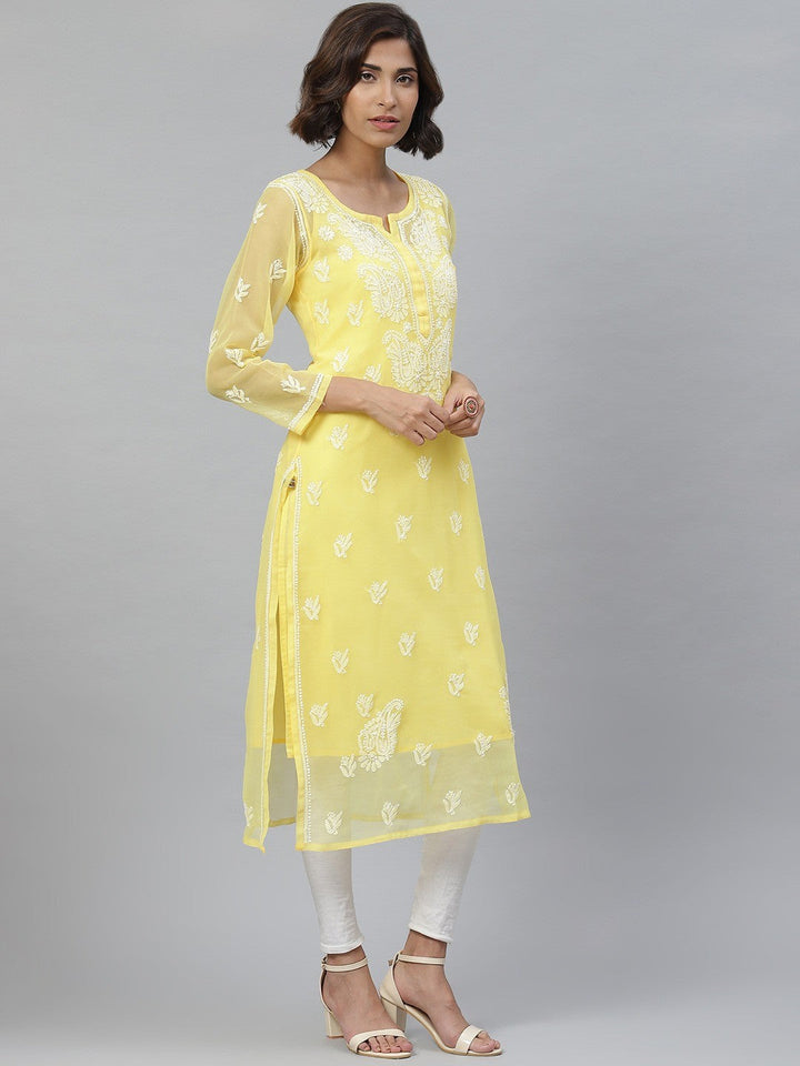 Yellow Faux Georgette Chikan Straight Kurta
