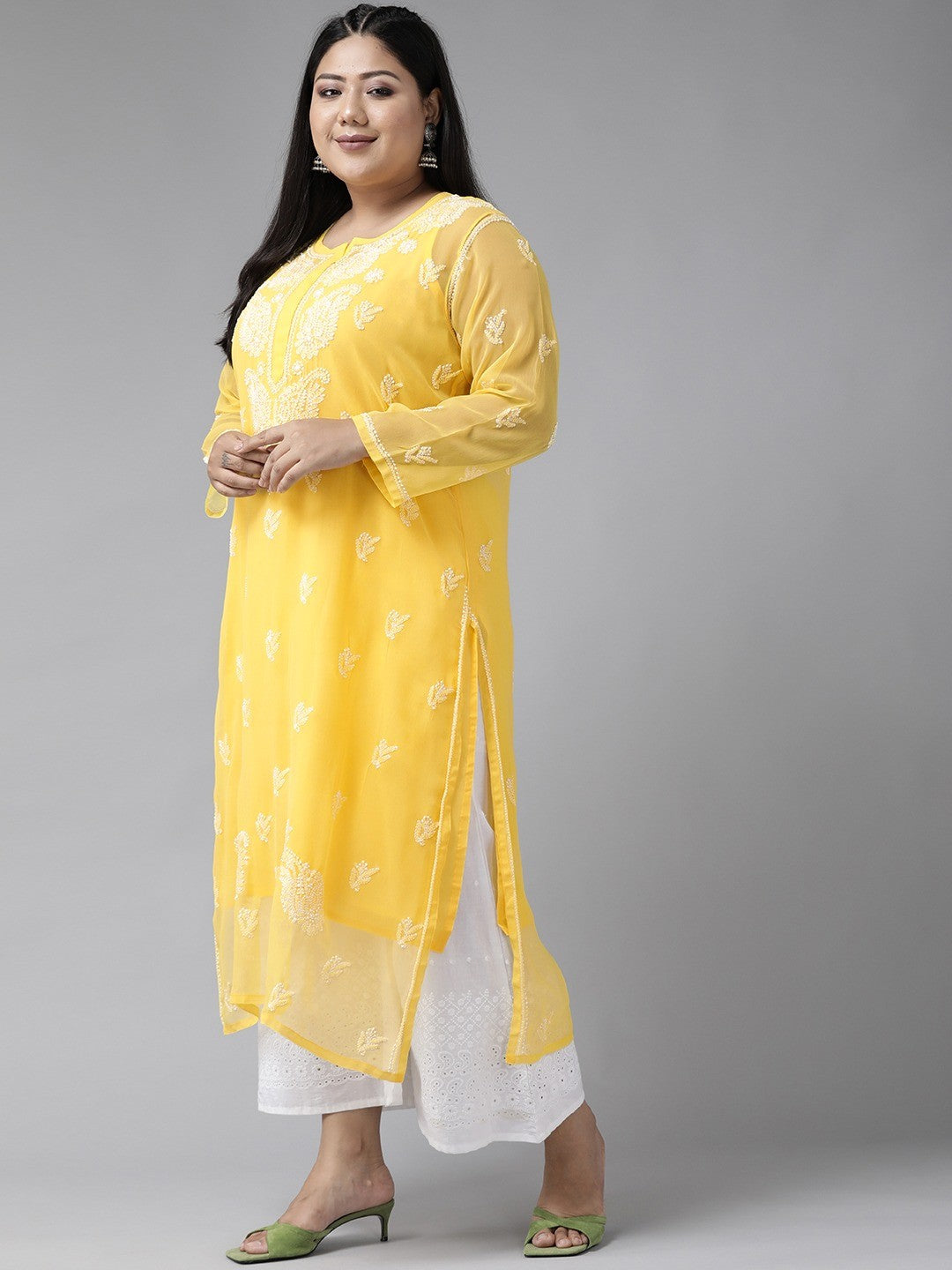 Yellow Faux Georgette Chikan Straight Kurta