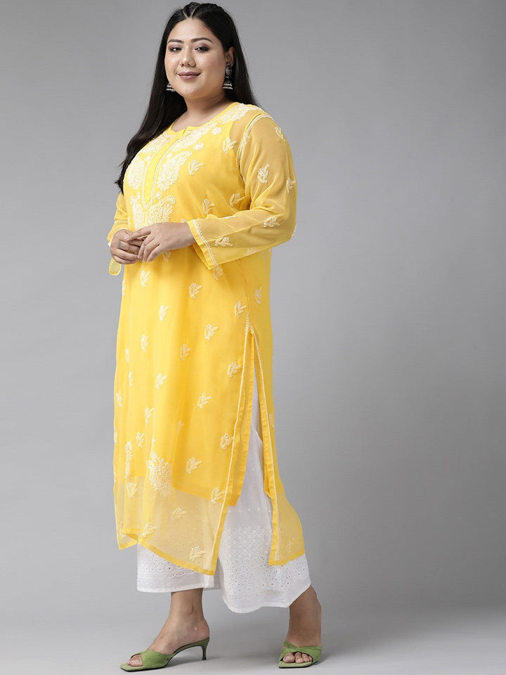 Yellow Faux Georgette Chikan Straight Kurta