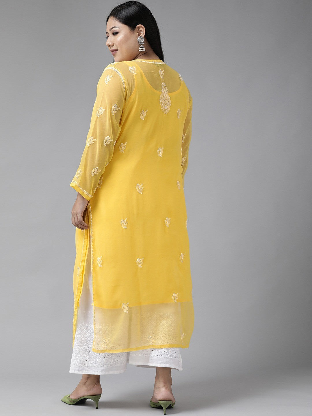 Yellow Faux Georgette Chikan Straight Kurta