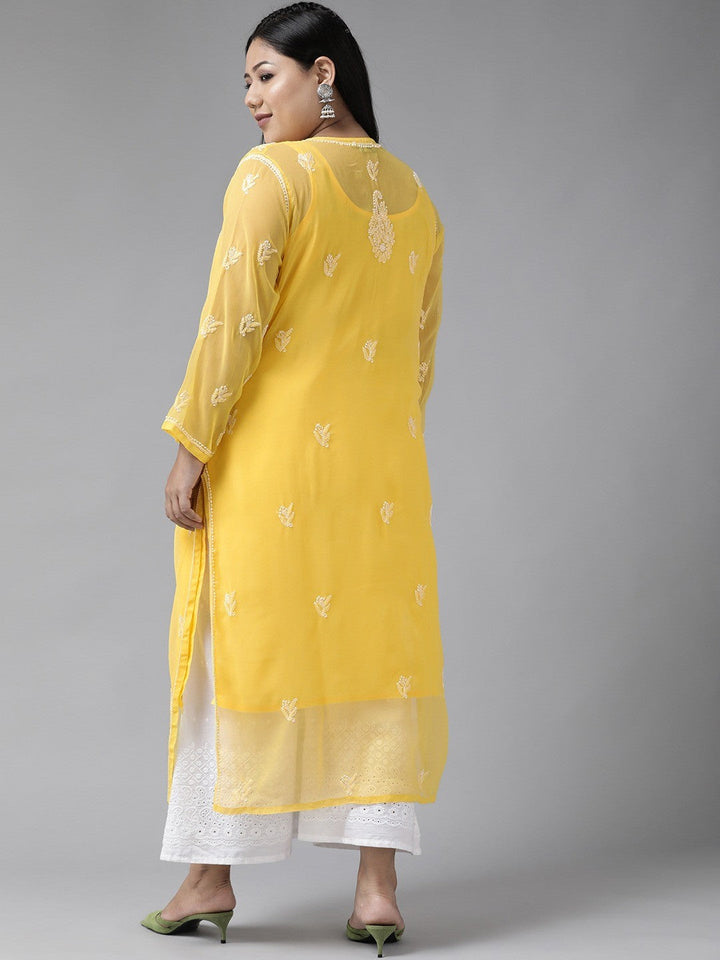 Yellow Faux Georgette Chikan Straight Kurta