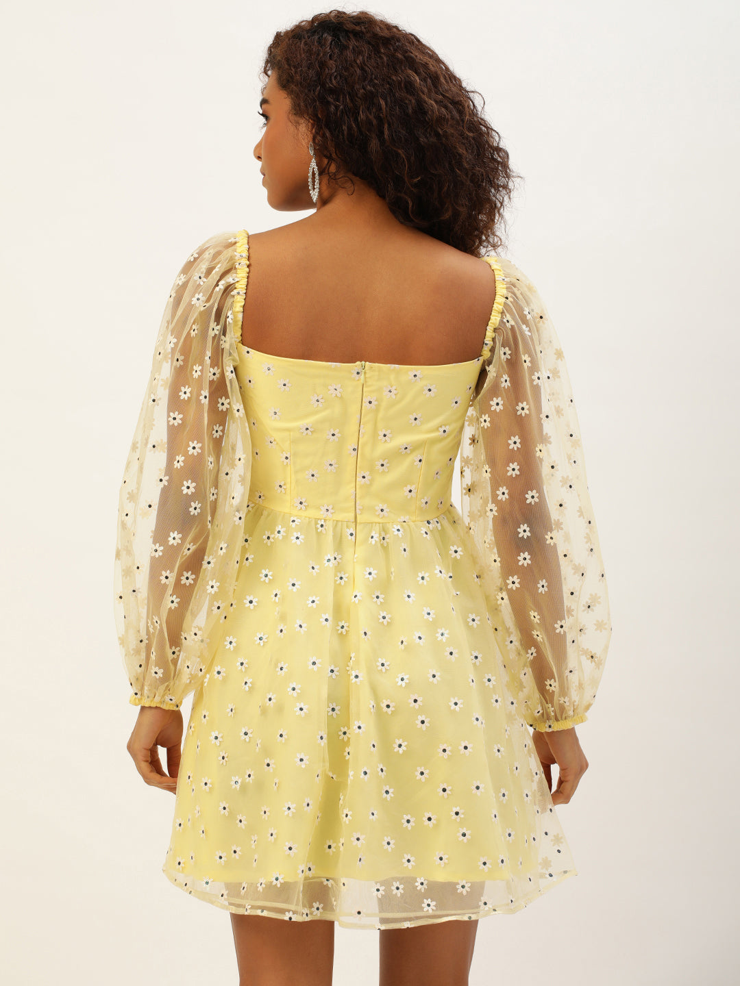Yellow Foil Floral Printed Net Midi Dress