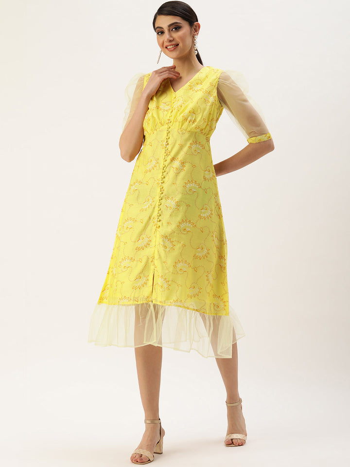 Yellow Foil Printed A Line Dress