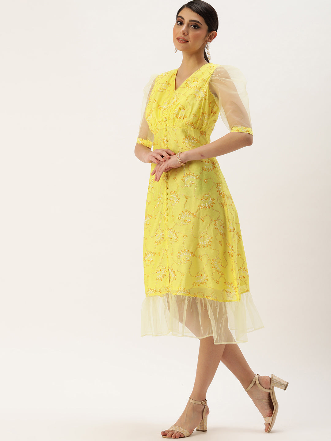 Yellow Foil Printed A Line Dress
