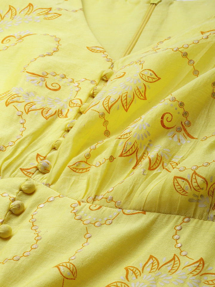 Yellow Foil Printed A Line Dress