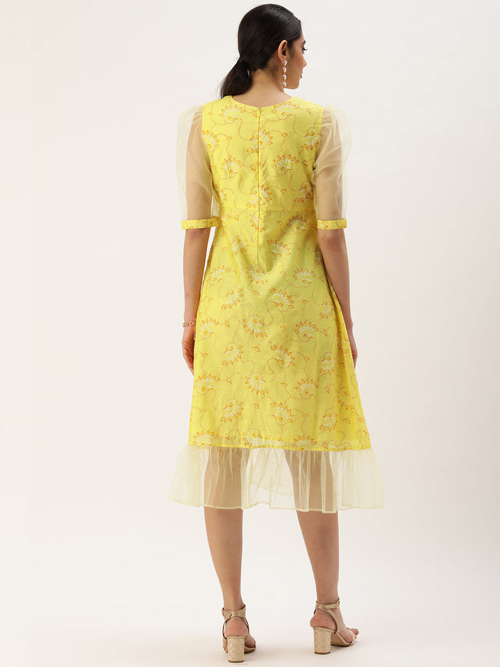 Yellow Foil Printed A Line Dress