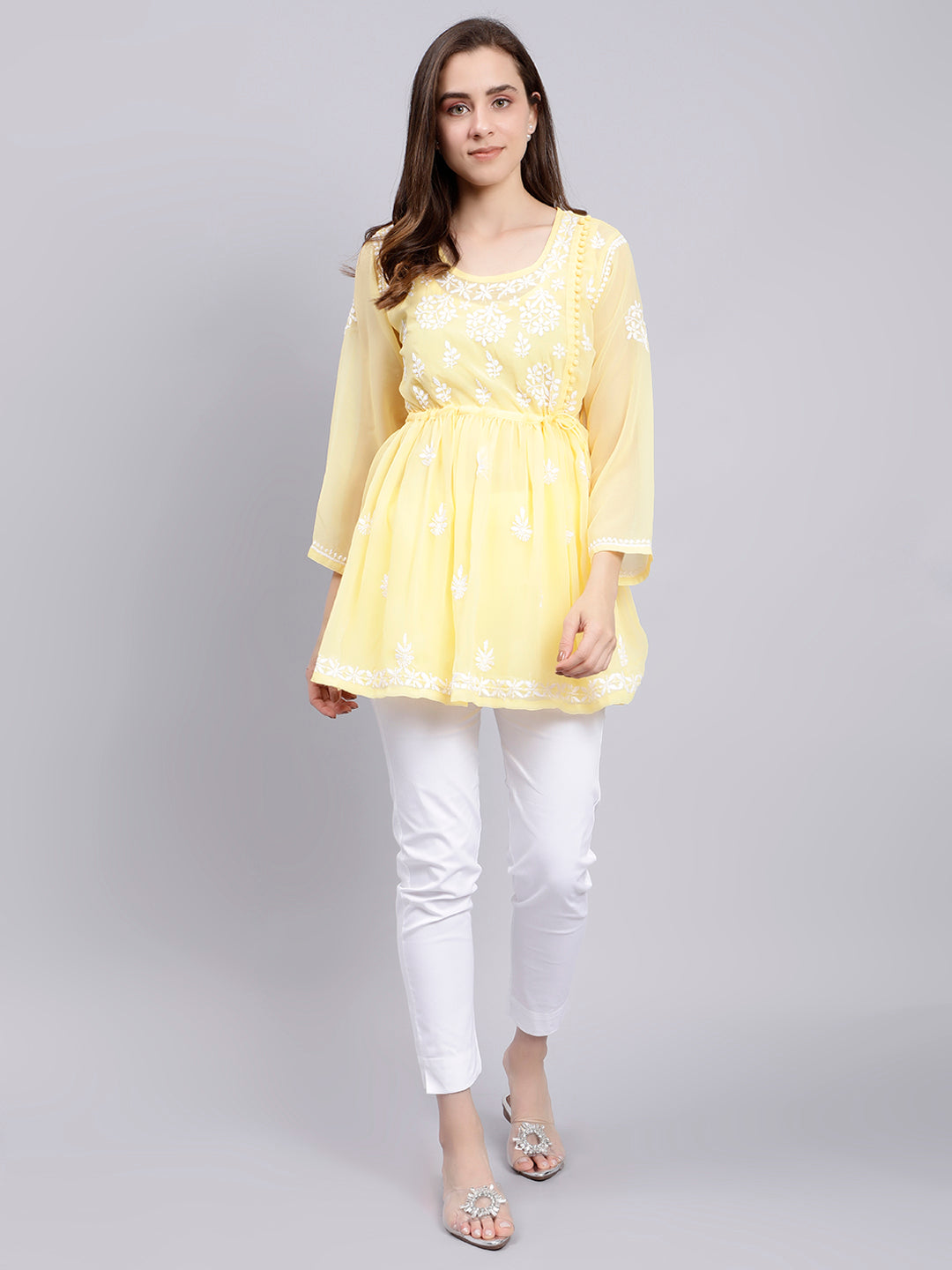 Yellow Georgette Angarkha Chikankari Tunic With Slip