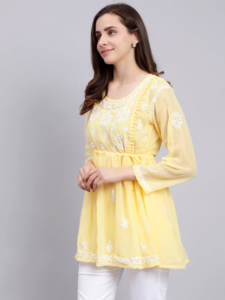 Yellow Georgette Angarkha Chikankari Tunic With Slip