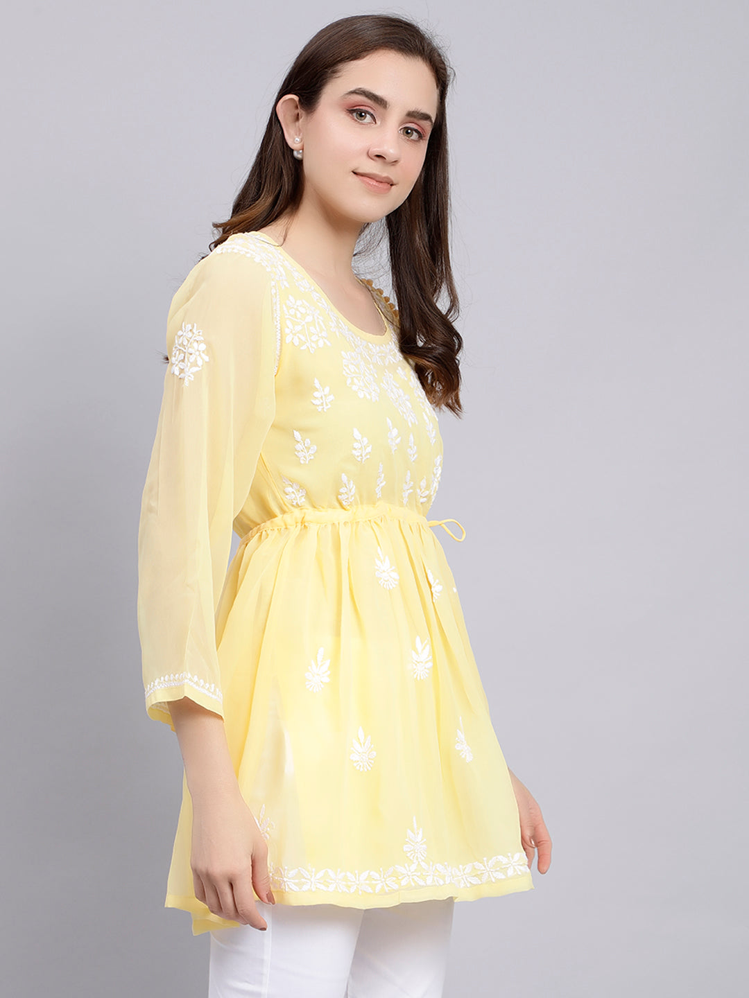 Yellow Georgette Angarkha Chikankari Tunic With Slip