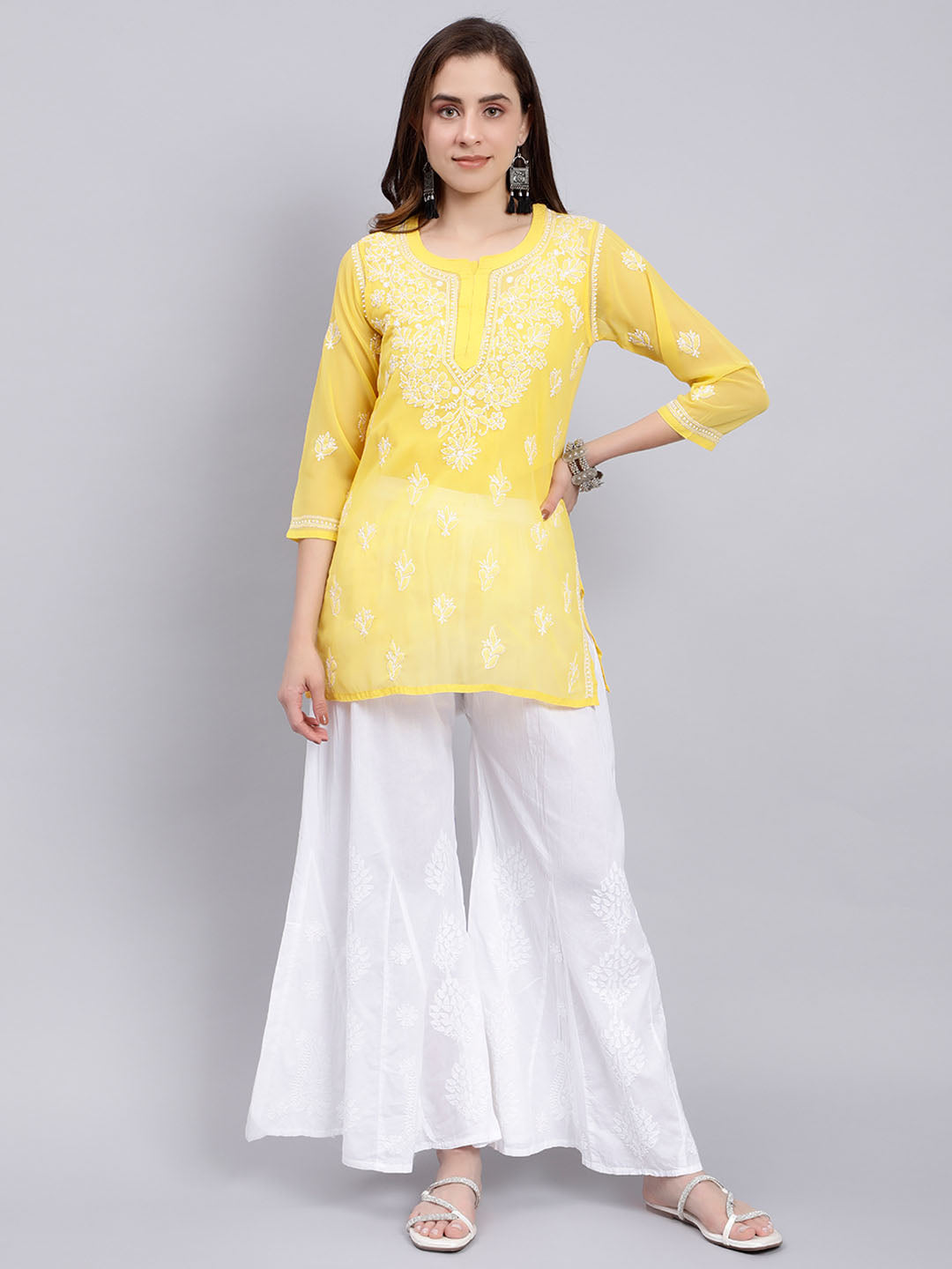 Yellow Georgette Chikankari Tunic Top With Inner Slip