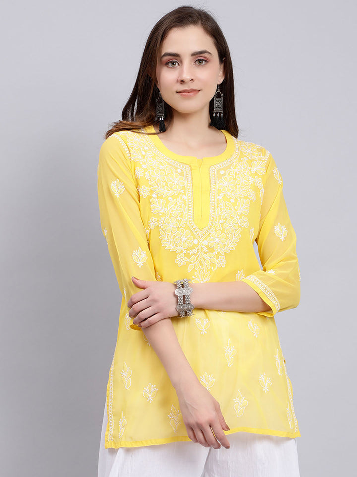 Yellow Georgette Chikankari Tunic Top With Inner Slip