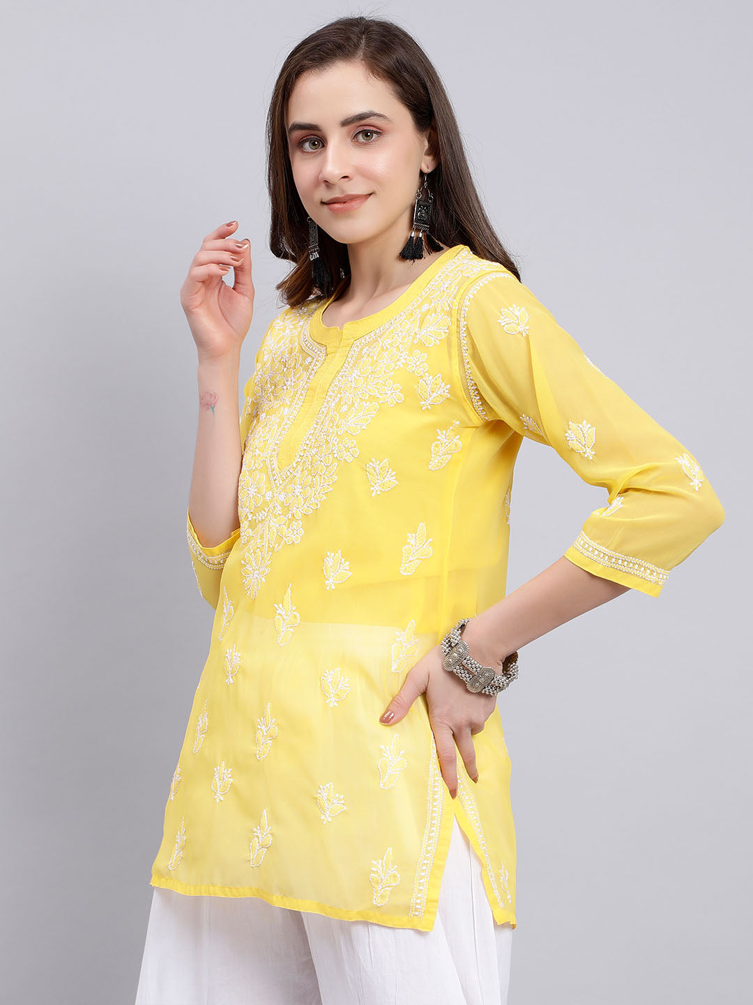 Yellow Georgette Chikankari Tunic Top With Inner Slip