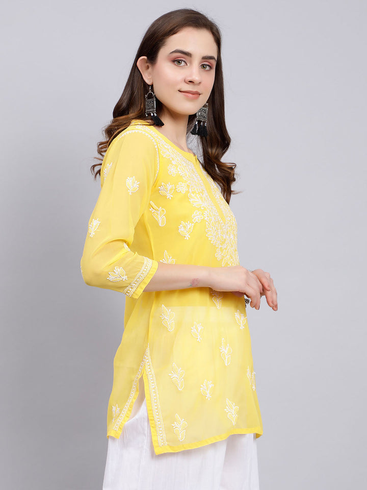 Yellow Georgette Chikankari Tunic Top With Inner Slip