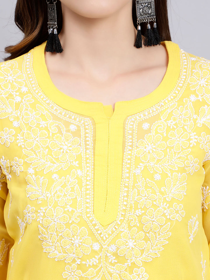 Yellow Georgette Chikankari Tunic Top With Inner Slip
