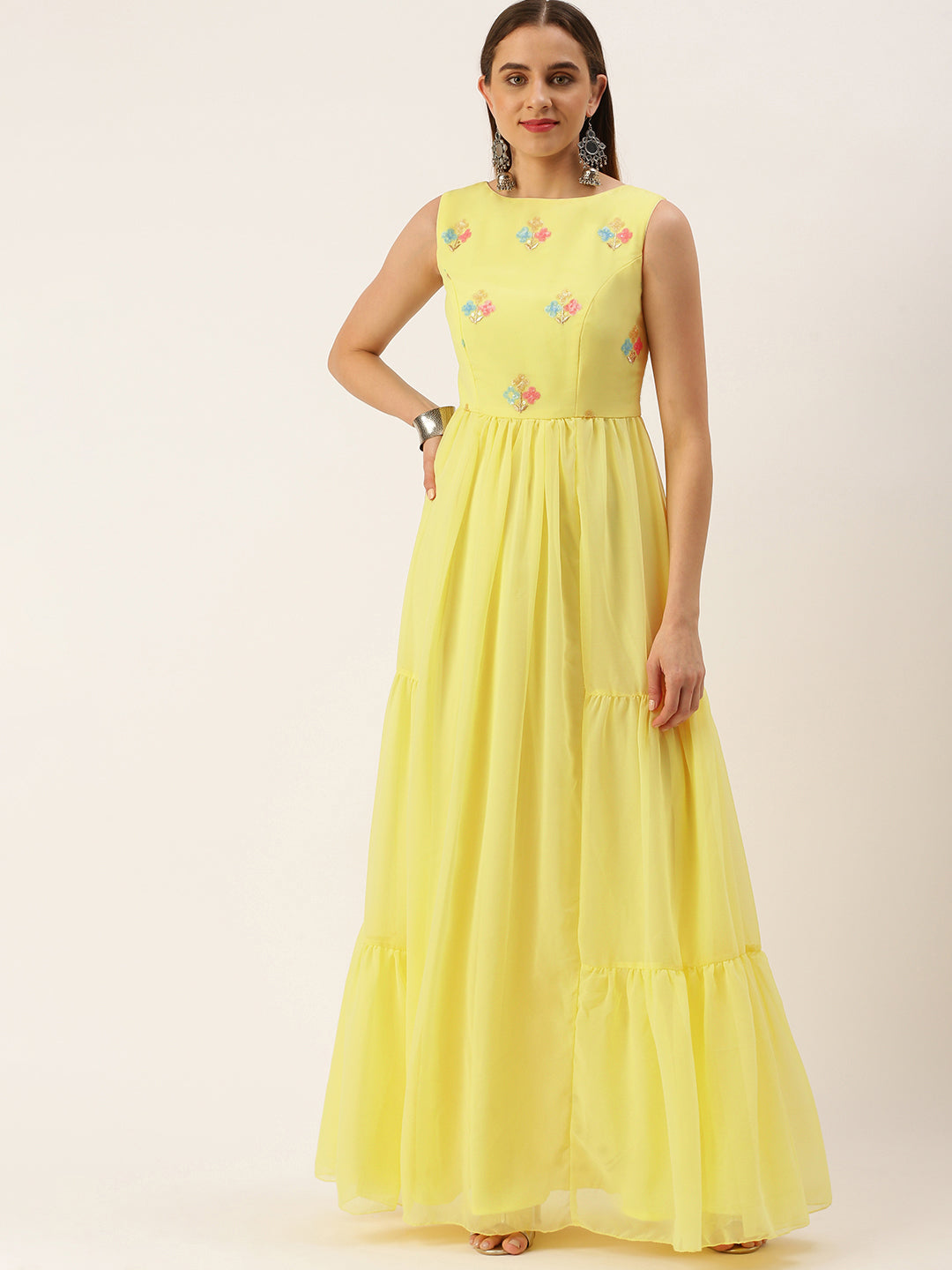 Yellow Georgette Embroidered Dress