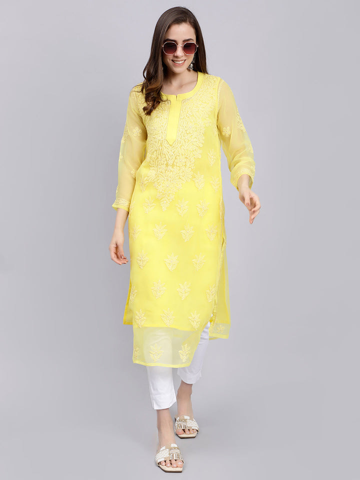 Yellow Georgette Handwoven Chikankari Kurti with Slip