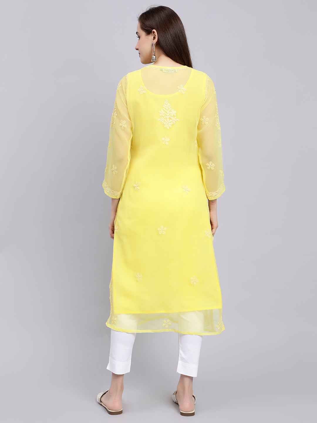 Yellow Georgette Handwoven Chikankari Kurti with Slip