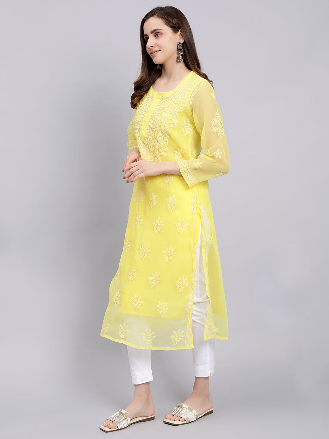 Yellow Georgette Handwoven Chikankari Kurti with Slip