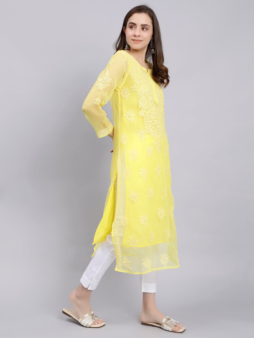 Yellow Georgette Handwoven Chikankari Kurti with Slip