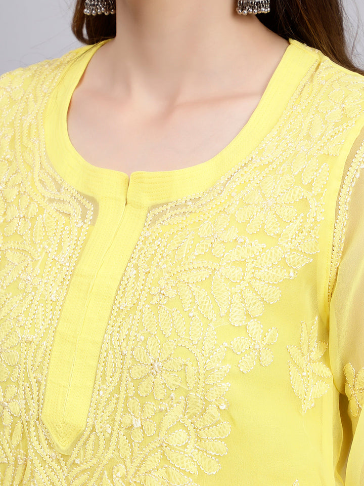 Yellow Georgette Handwoven Chikankari Kurti with Slip