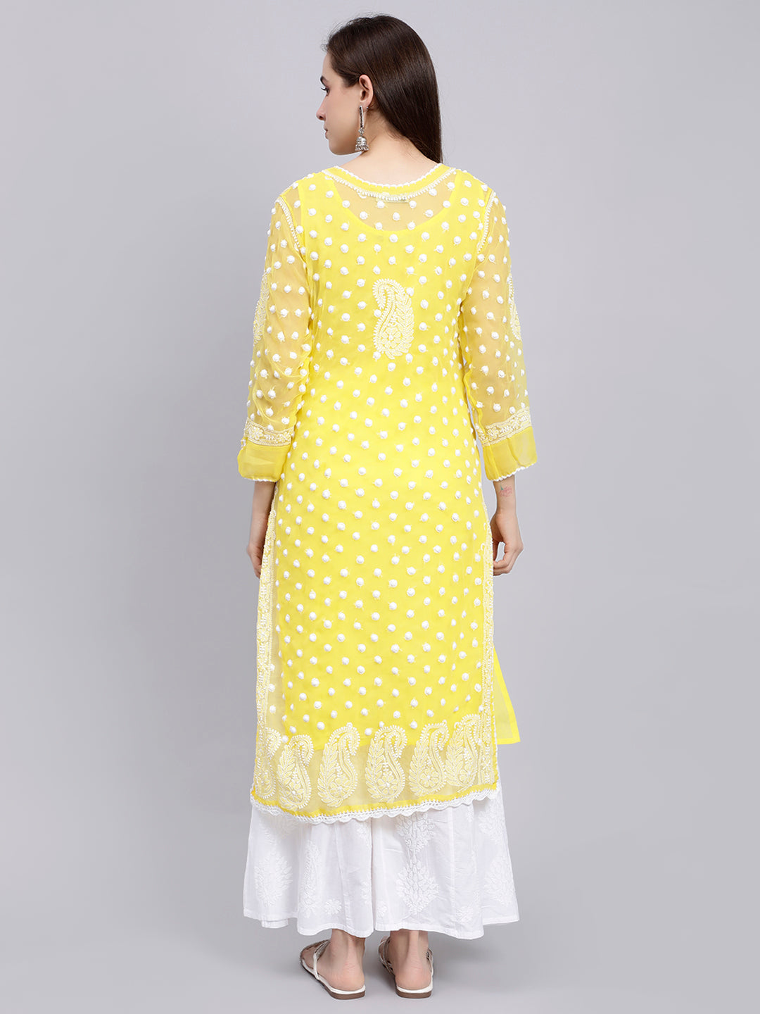 Yellow Georgette Polka Dot & Paisley Chikankari Kurti with Slip