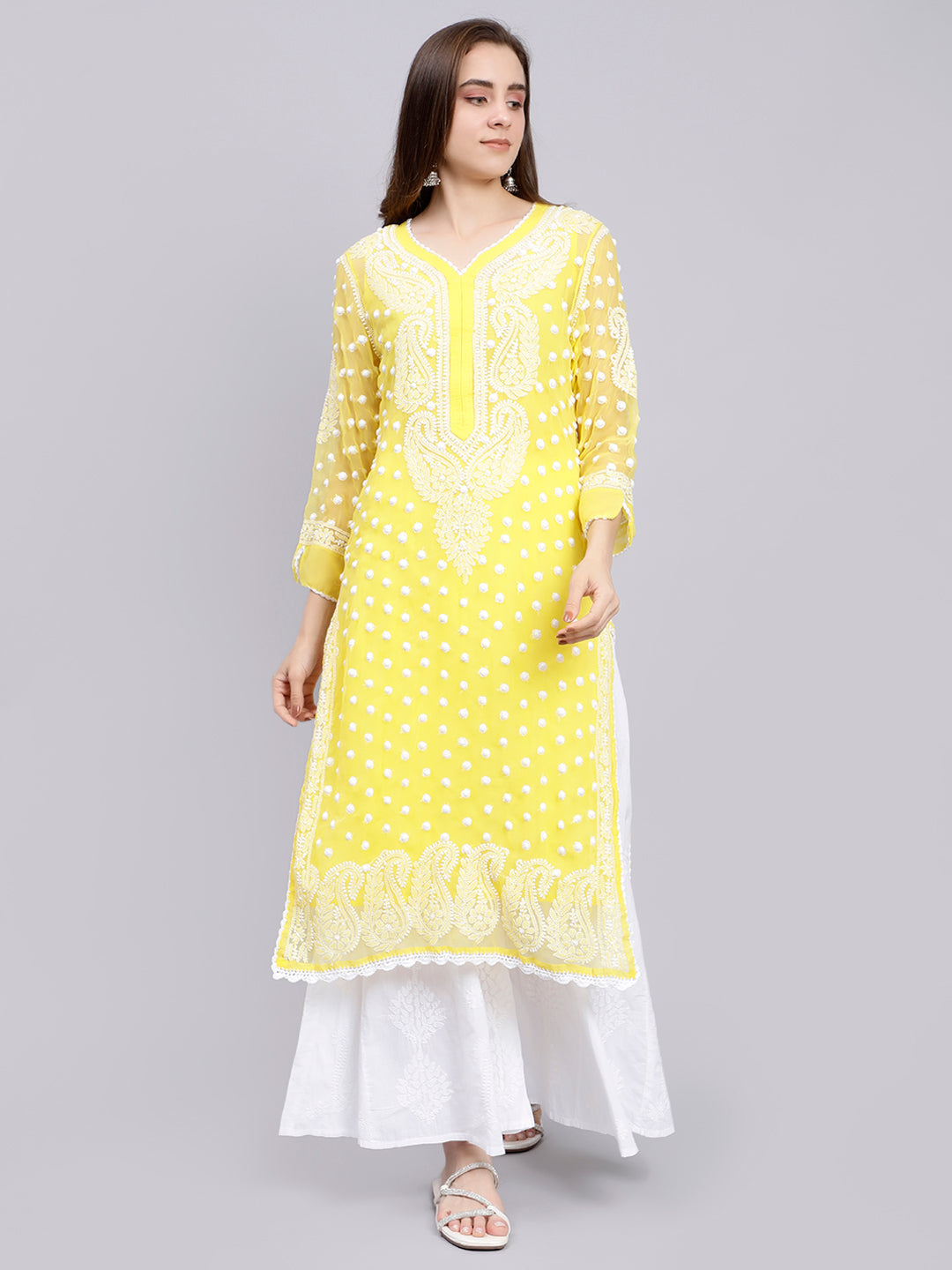 Yellow Georgette Polka Dot & Paisley Chikankari Kurti with Slip