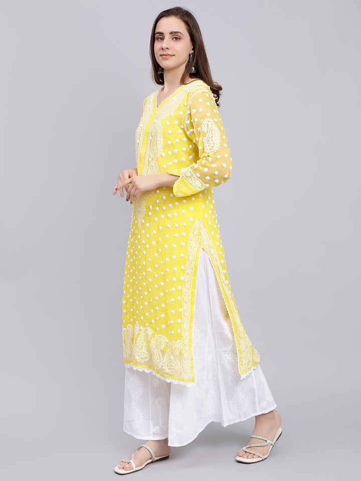 Yellow Georgette Polka Dot & Paisley Chikankari Kurti with Slip