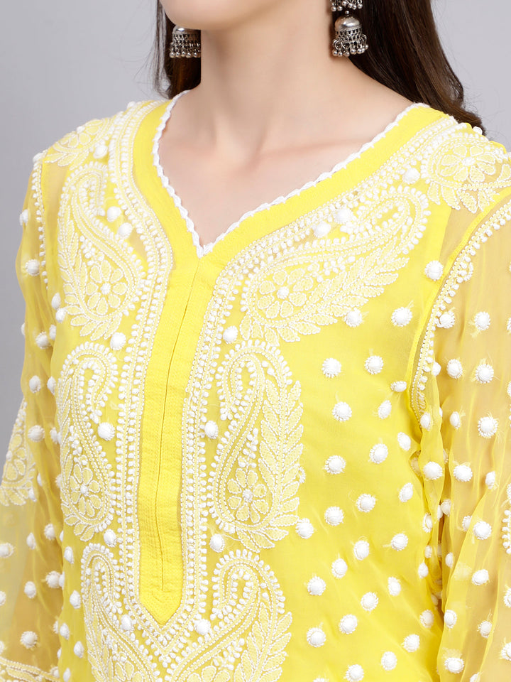 Yellow Georgette Polka Dot & Paisley Chikankari Kurti with Slip