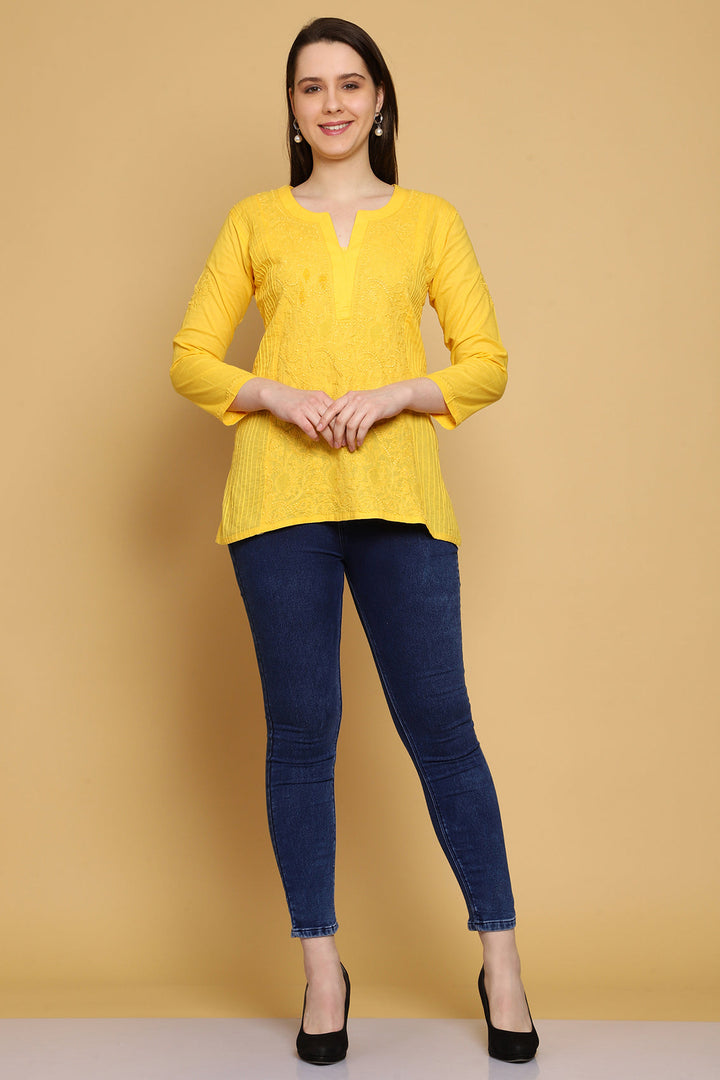 Yellow Hand Embroidered Chikankari Side-Pleated Tunic Top