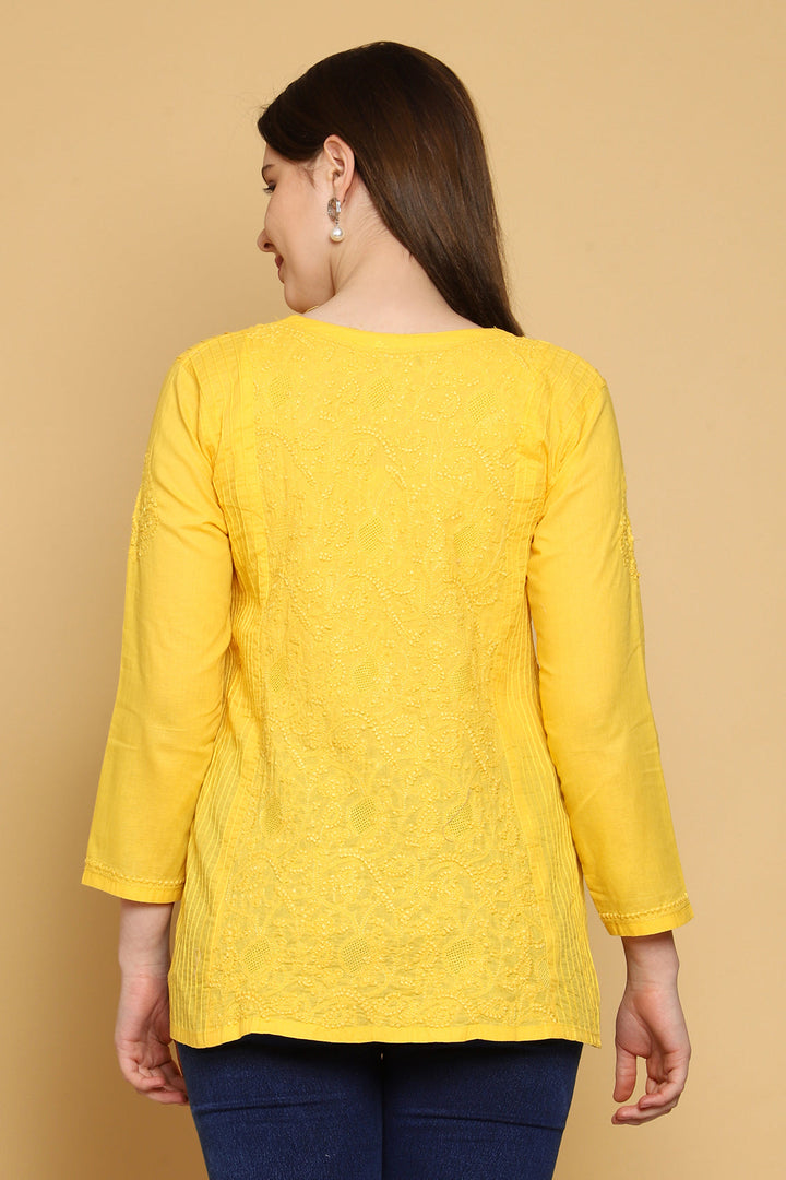 Yellow Hand Embroidered Chikankari Side-Pleated Tunic Top