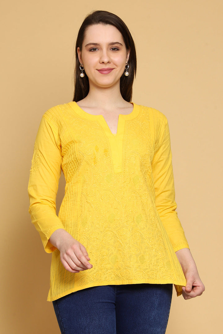 Yellow Hand Embroidered Chikankari Side-Pleated Tunic Top